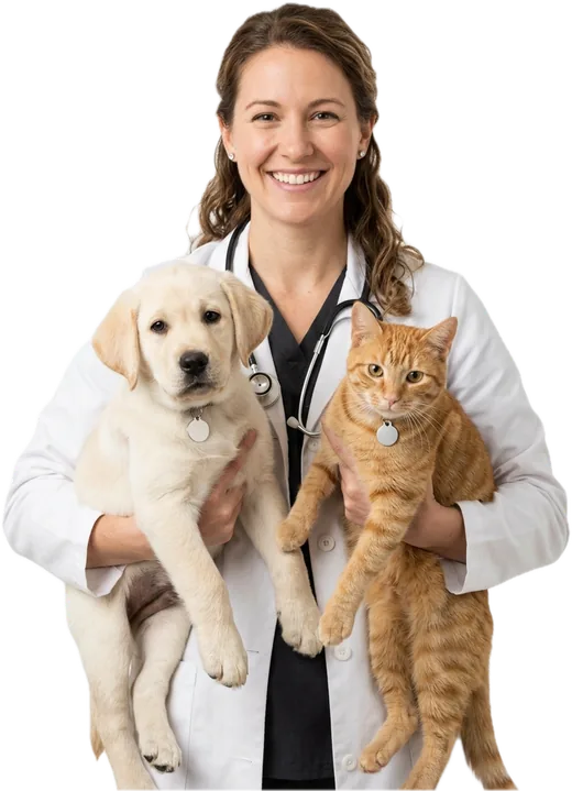 A smiling veterinarian holding a puppy and an orange cat