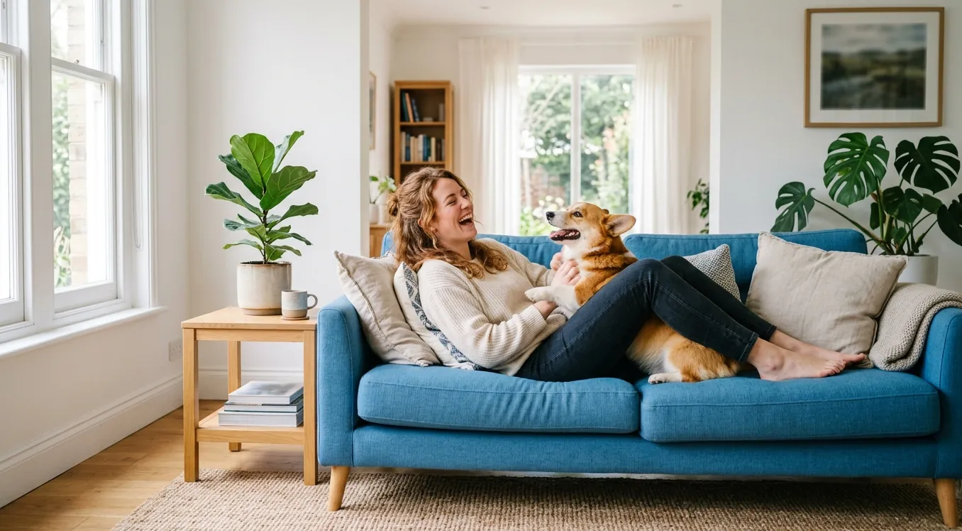A woman laughing and playing with her corgi on a blue sofa