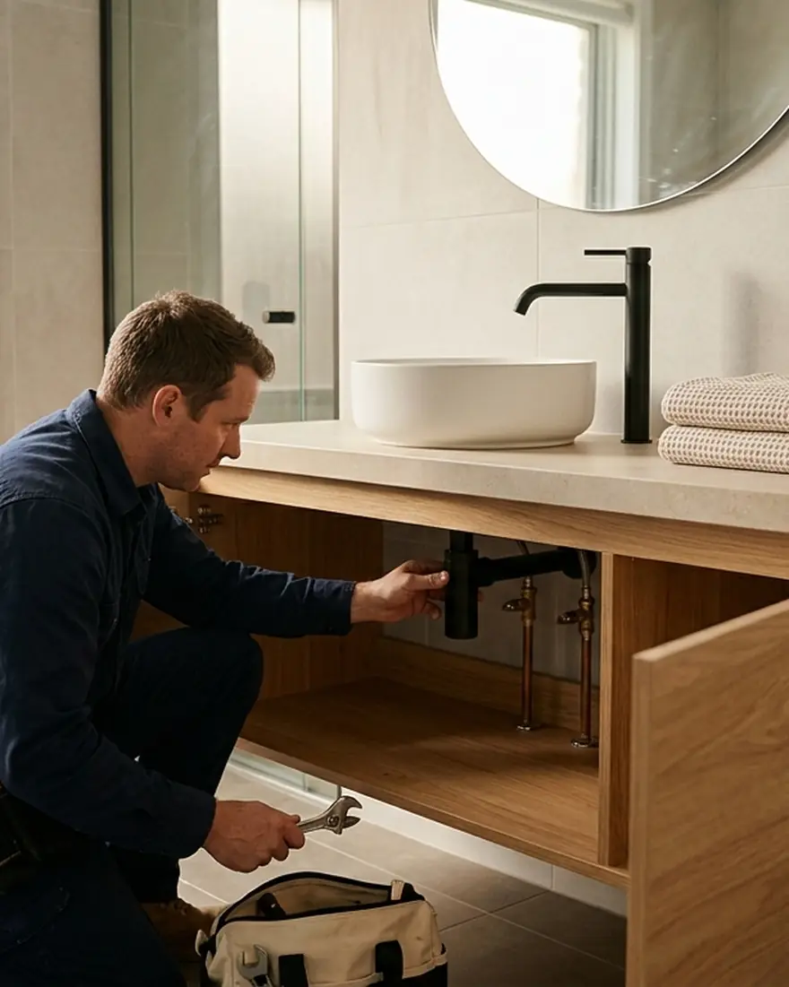 Plumber fitting a vanity basin in a renovated bathroom
