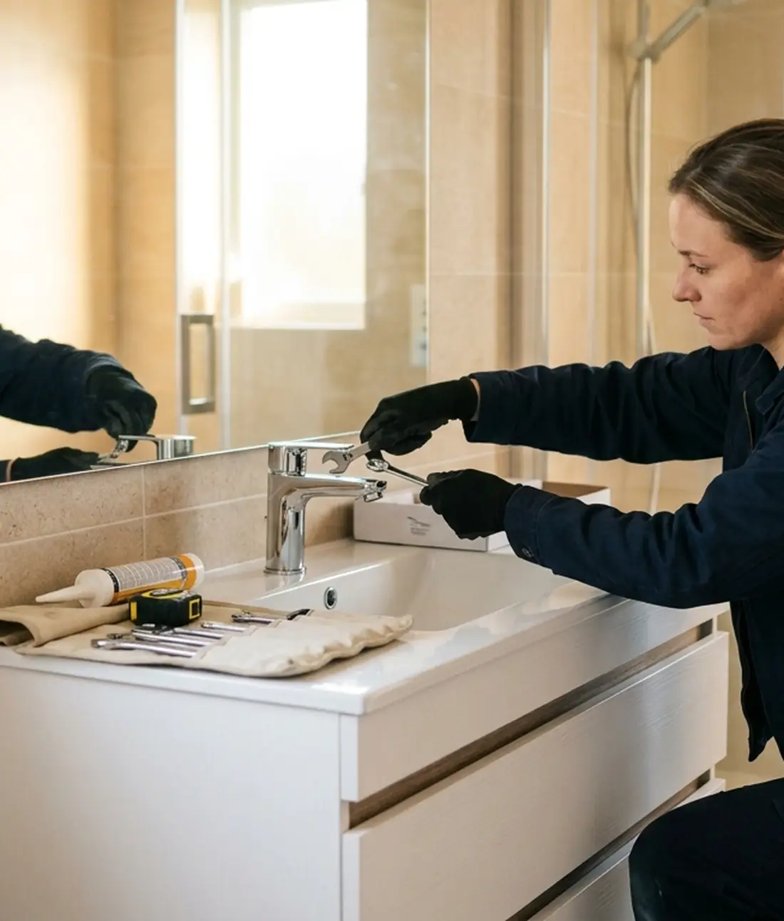 Plumber fitting a faucet on a bathroom vanity