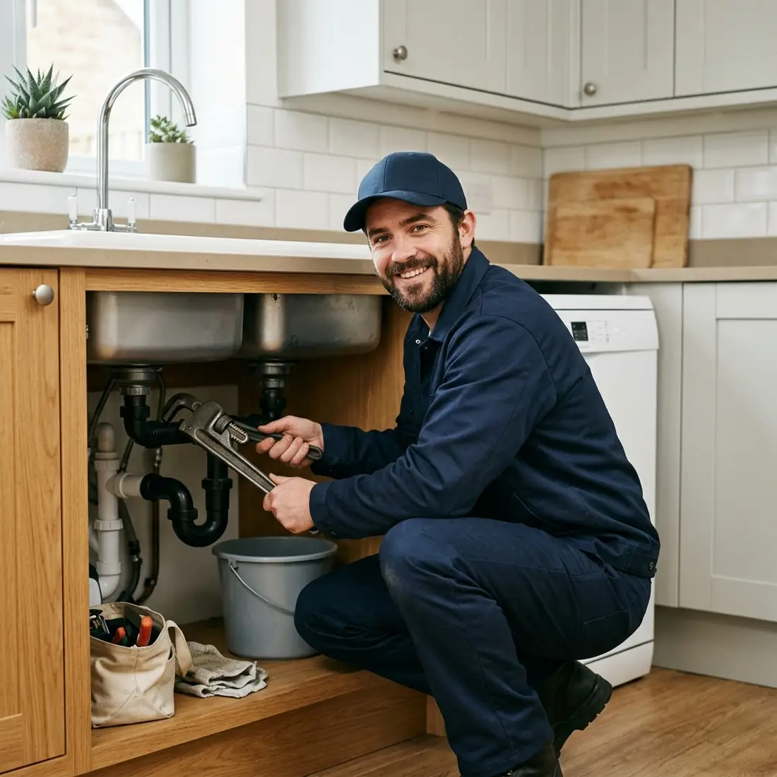 Plumber crouched under a kitchen sink with a pipe wrench