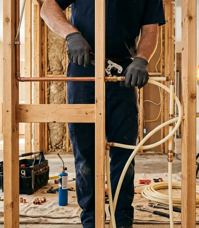 Pipe work being fitted inside an open wall