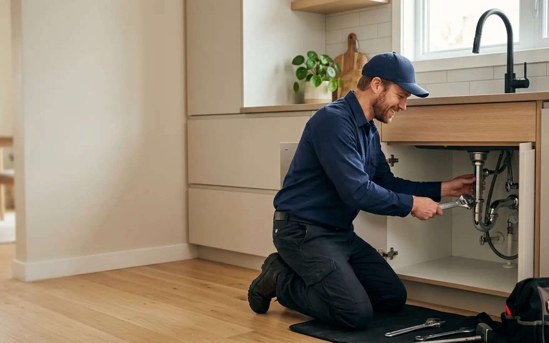 Plumber kneeling under a kitchen sink tightening a chrome trap