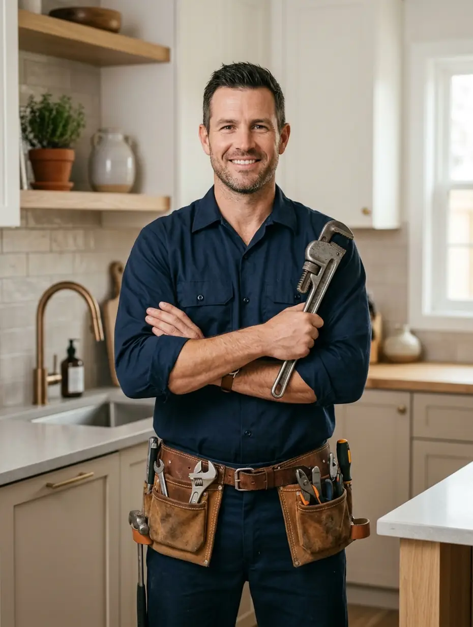 Plumber holding a pipe wrench in a bright kitchen