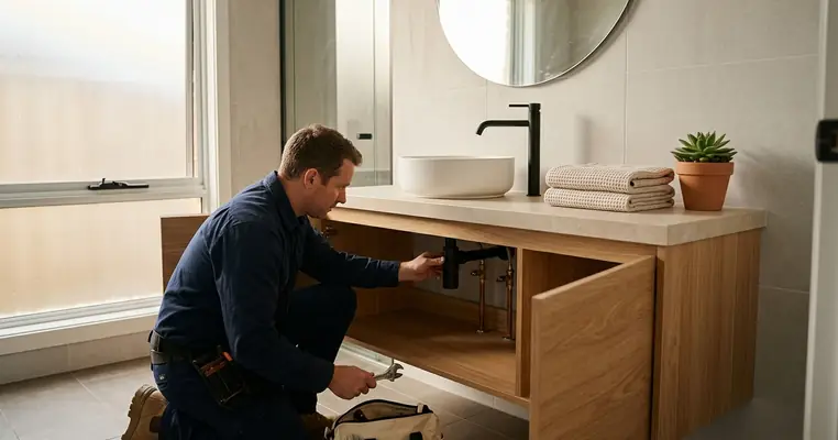 Modern bathroom vanity with a round basin and matte black faucet