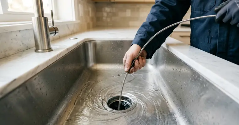 Stainless sink drain with water running and a clearing cable
