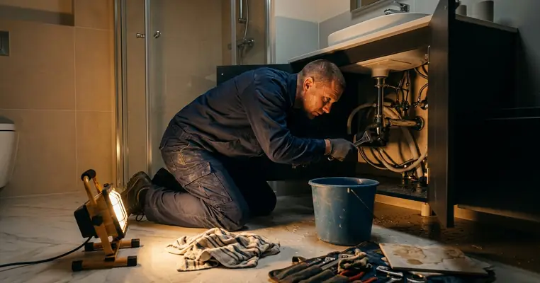 Plumber working under a bathroom sink at night with a work lamp