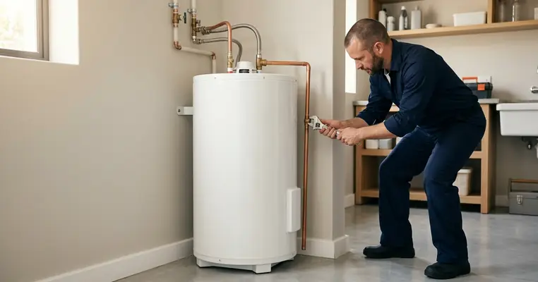 White tank water heater with copper supply lines in a utility room