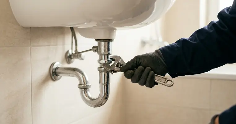 Gloved hand tightening a chrome trap under a white sink