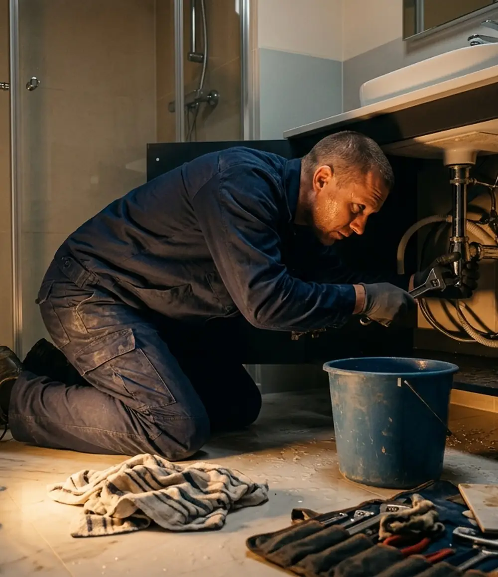 Plumber working under a sink with a work lamp at night
