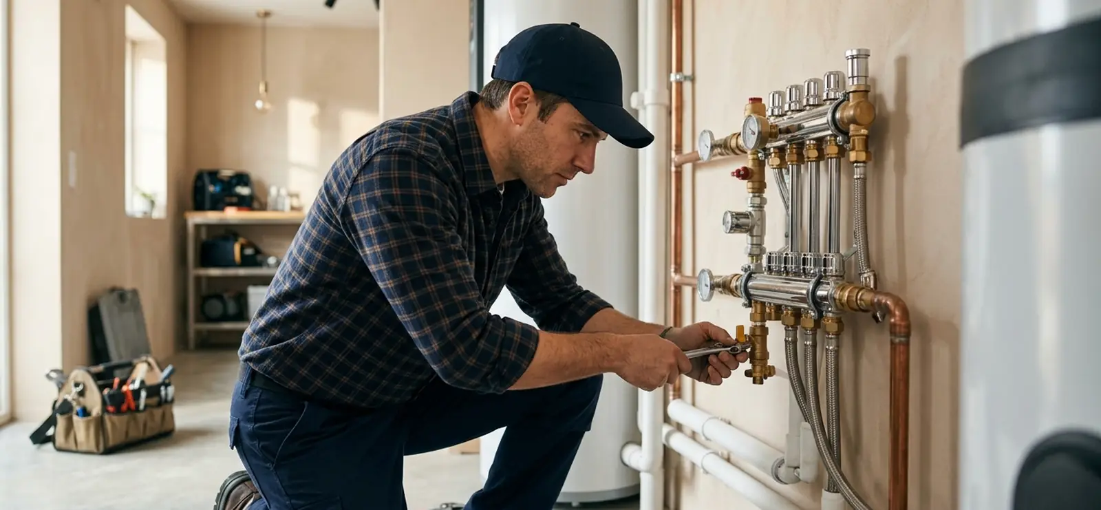 Technician adjusting a wall mounted manifold of chrome pipes and valves