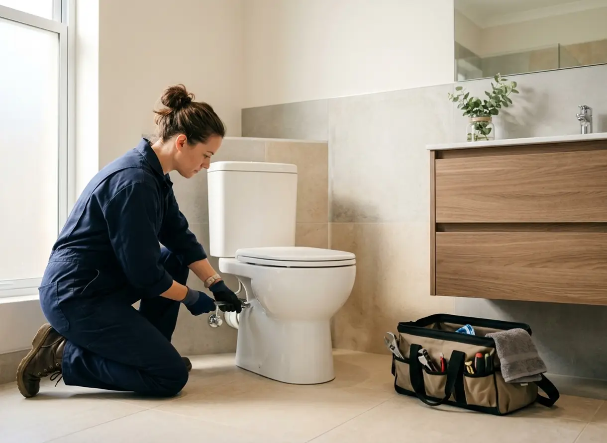New toilet set and sealed in a finished bathroom