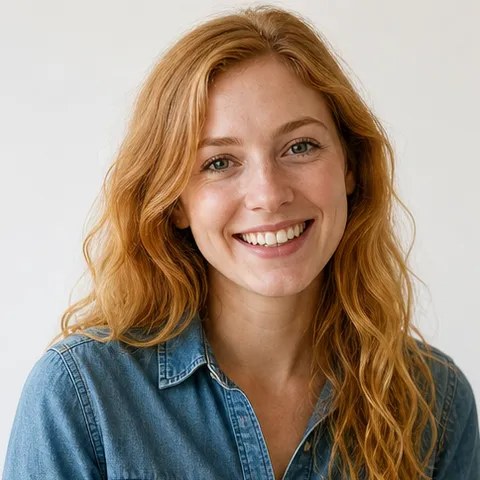 Young woman with long strawberry blond hair in a denim shirt