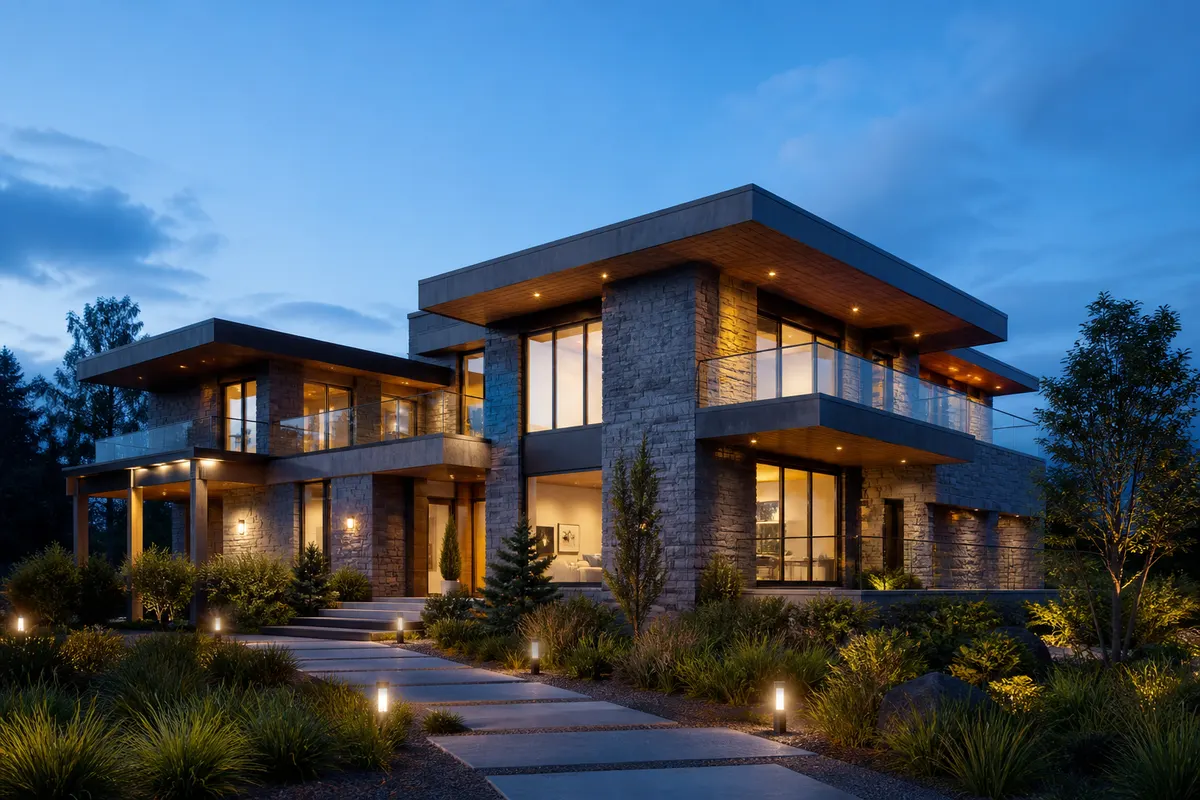 Two-storey stone and glass house glowing at dusk