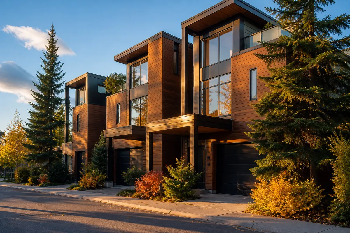 Row of cedar-clad modern townhouses in late afternoon sun