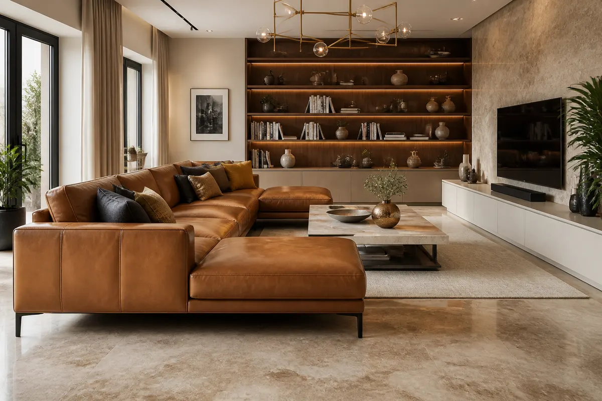 Warm open living room with a caramel leather sectional, walnut shelving and a brass chandelier