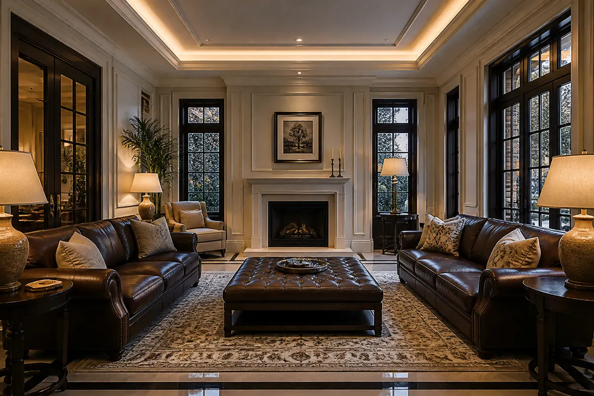 Formal family living room with cream wall panelling, two dark leather sofas and a tufted ottoman