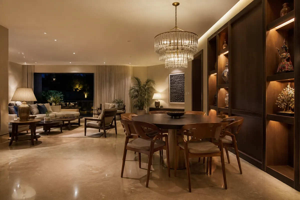 Softly lit dining area with walnut cabinetry and a crystal chandelier