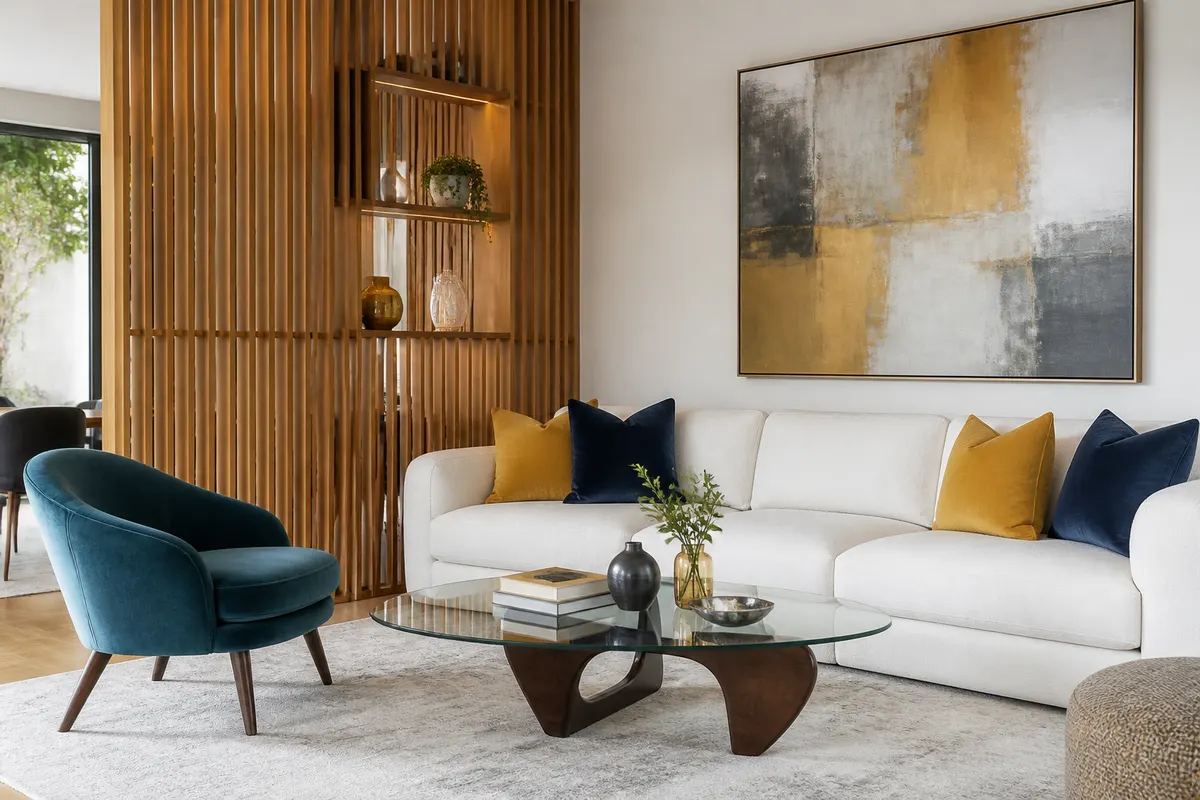 Bright lounge with a white sofa, a teal velvet armchair and an oak slatted room divider