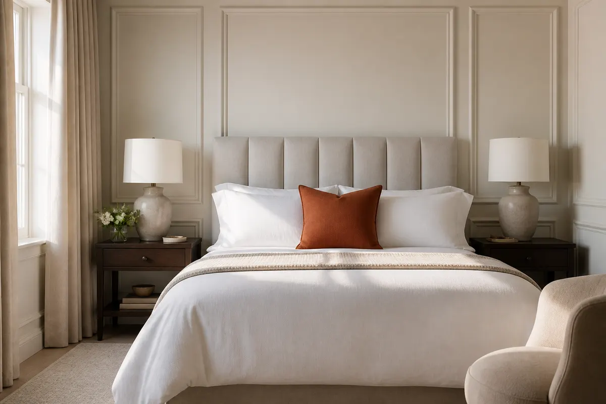 Serene bedroom with white bedding and ceramic bedside lamps