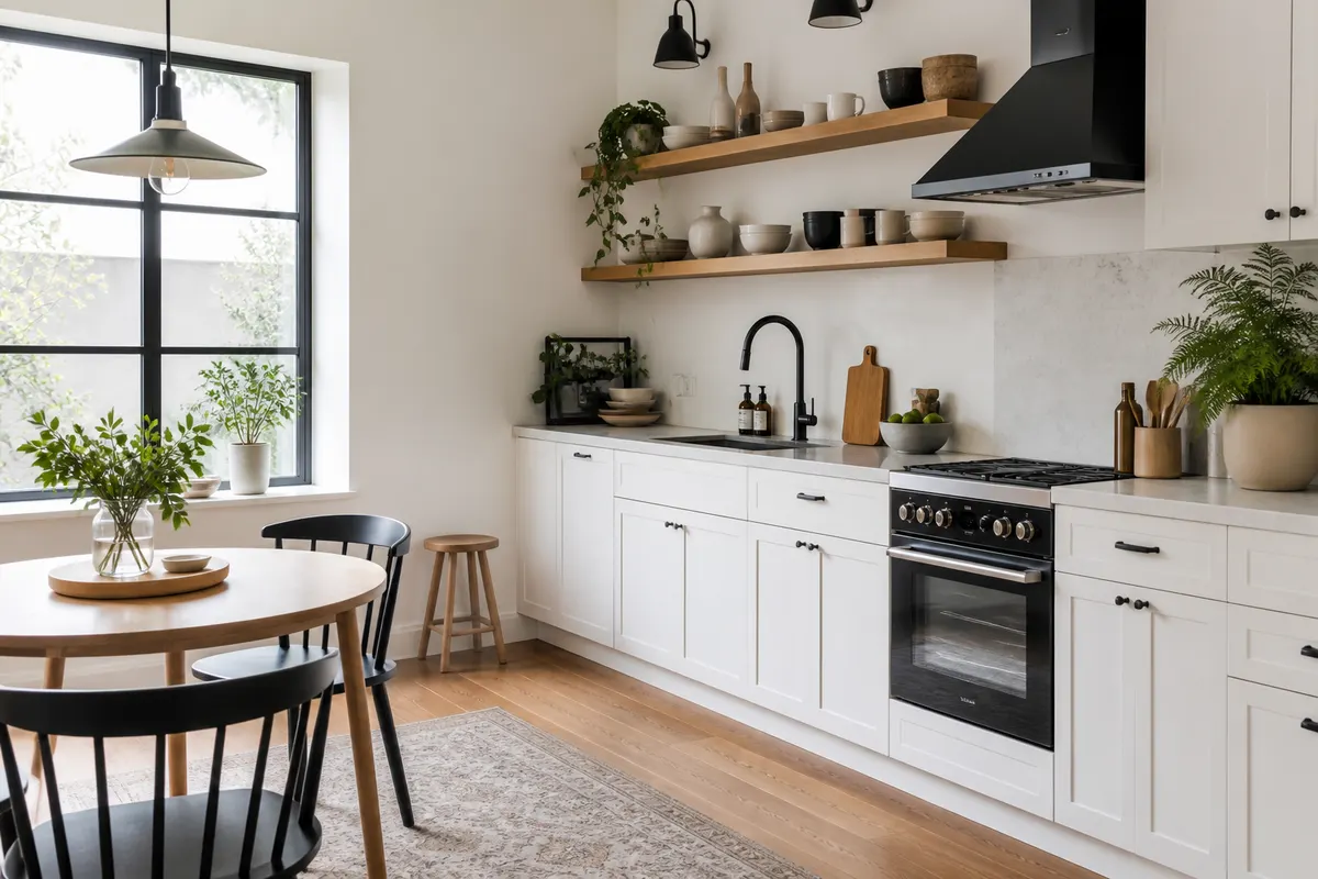 White shaker kitchen with open oak shelves and a small round dining table