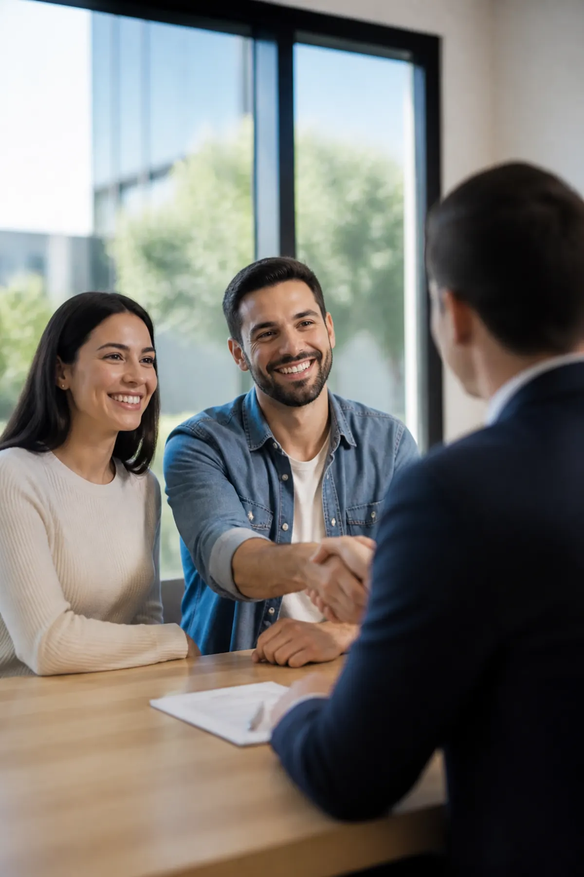 A couple shaking hands with an advisor across a bright office table