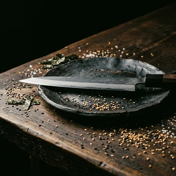A long knife resting on a charcoal dish at the end of the counter