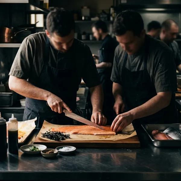 Two cooks slicing fish at a stainless bench under window light