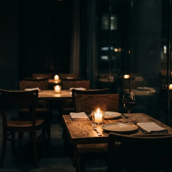 The dining room at night with low candles on empty tables