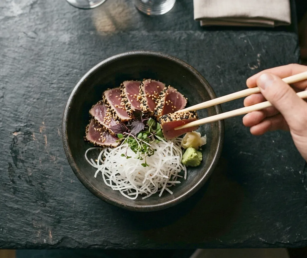 A dark bowl of sliced tuna and daikon on black stone, chopsticks lifting one piece