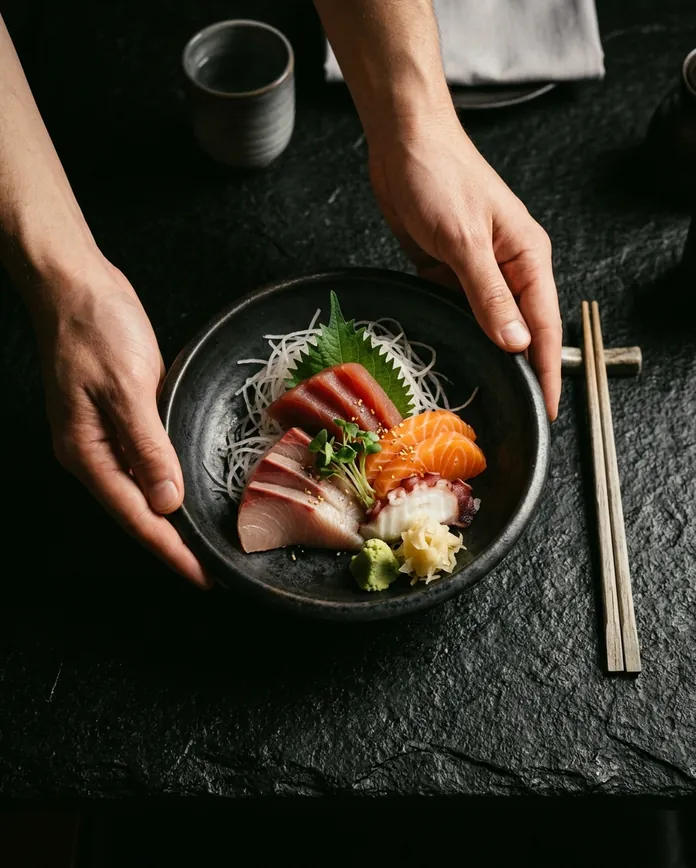 Two hands setting down a dark bowl of sashimi on a black stone table