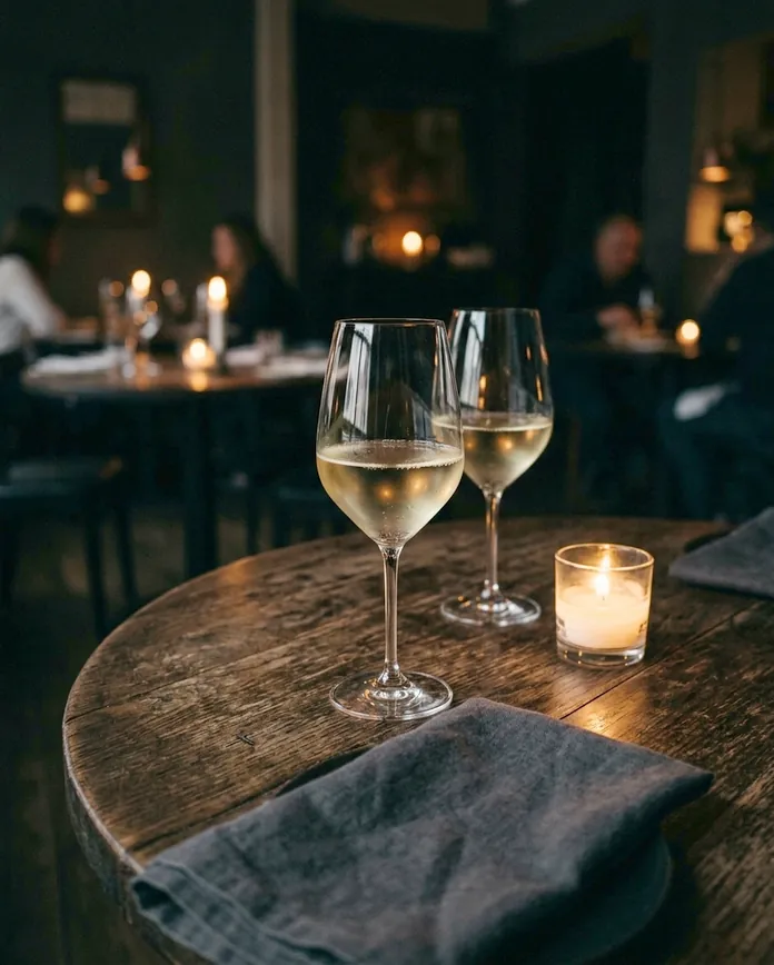 Two glasses of pale wine on a dark round table beside a folded napkin