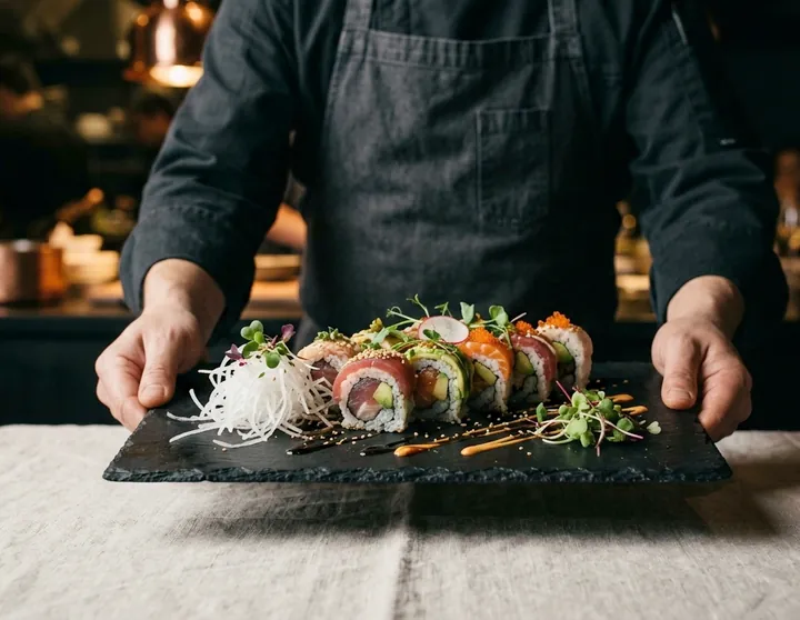 A cook holding a slate plate of cut rolls under a single warm light