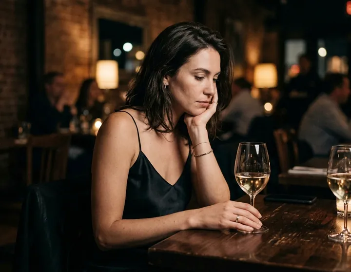 A guest seated at a dark table with two glasses of white wine