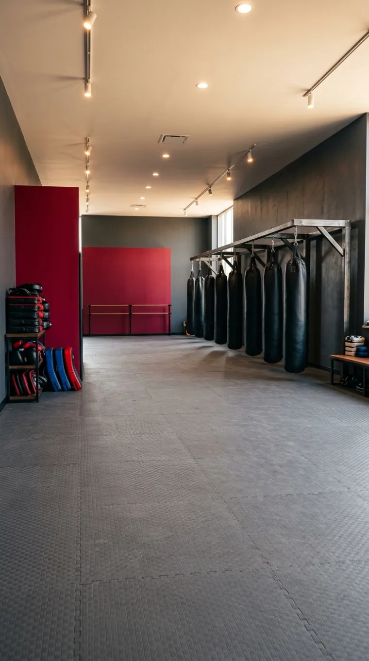 A tidy training floor with gray mats, a wall of heavy bags and one red wall panel