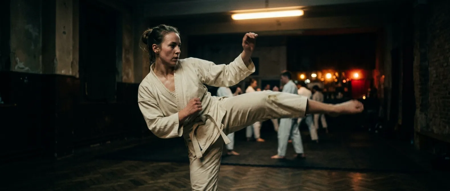 A martial arts student mid-technique in a dim training hall lit from behind