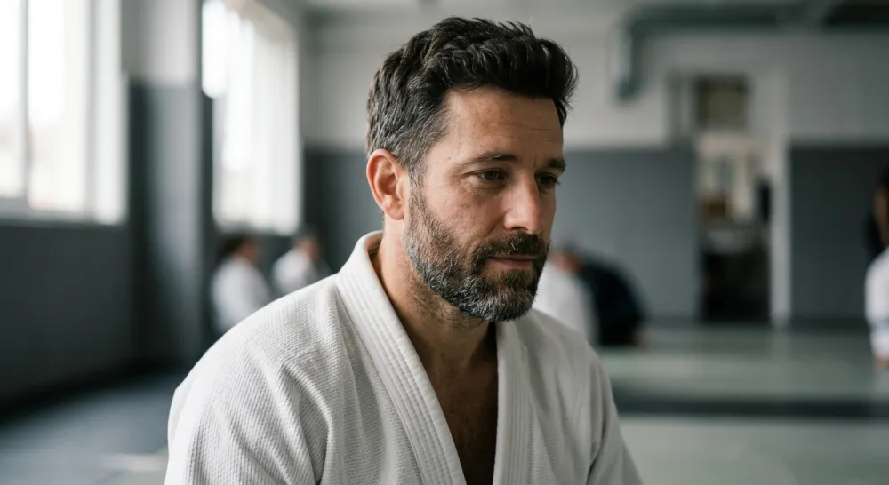 A coach in a white grappling uniform looking down with a calm expression
