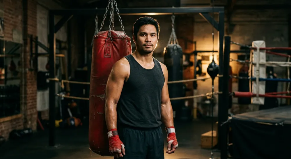 A striking coach with hand wraps standing beside a heavy bag in a dim gym