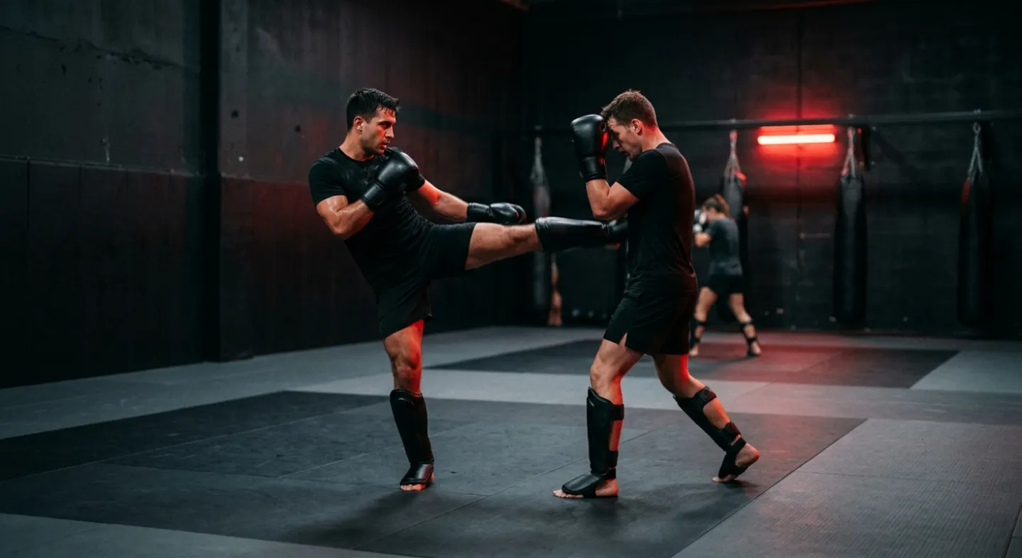 Two adult members sparring with gloves on the mats at Ironroot