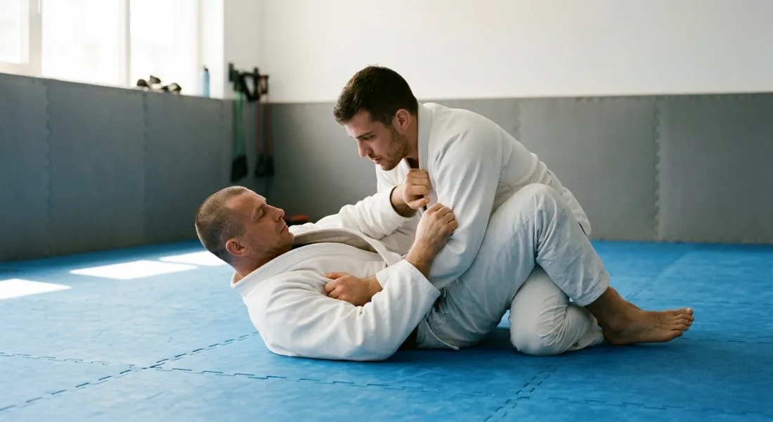 Two adults in white grappling uniforms working a ground control position on blue mats