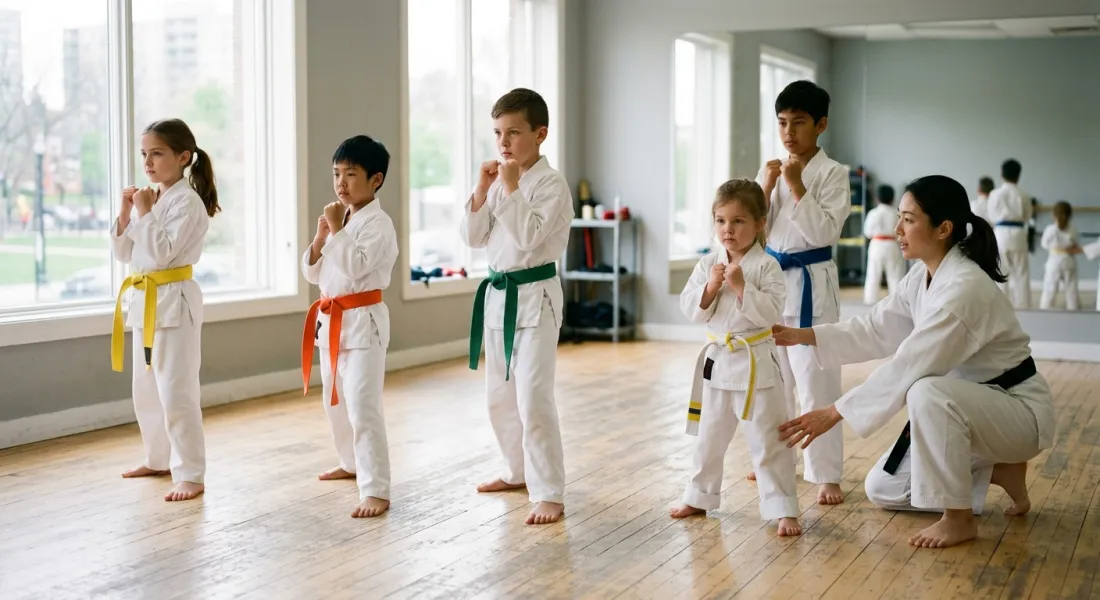 Children in white uniforms practising a guard position while a coach corrects a stance