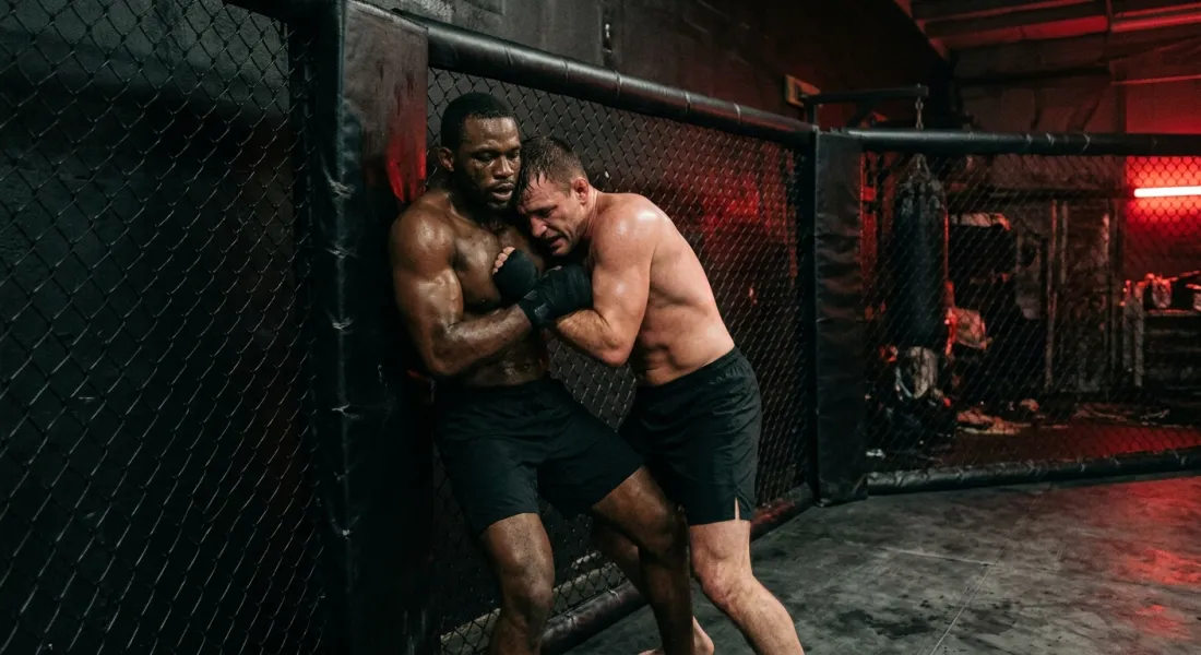 Two athletes in dark training gear clinching against a padded cage wall