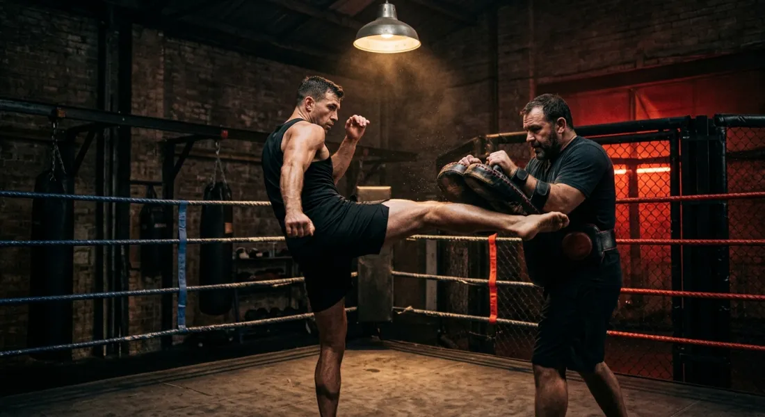 An athlete throwing a roundhouse kick into thick pads held by a coach in a boxing ring