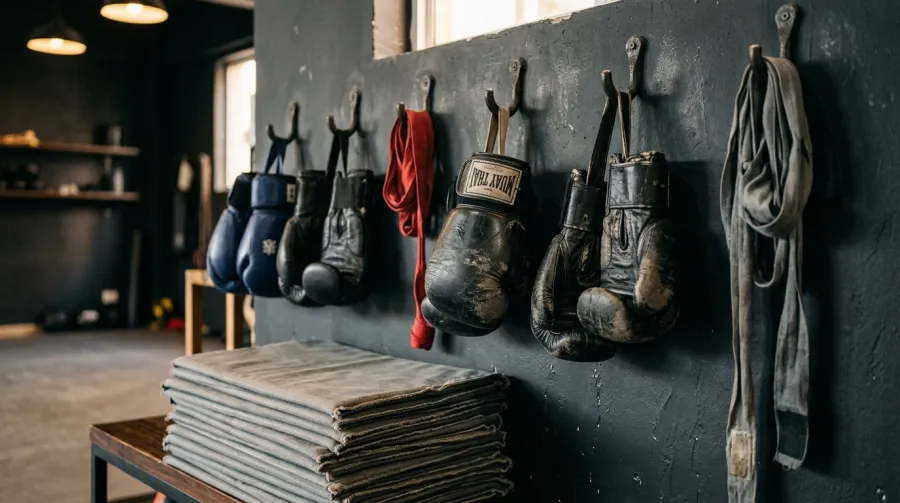 Worn training gloves and hand wraps hanging on wall hooks above a stack of folded mats