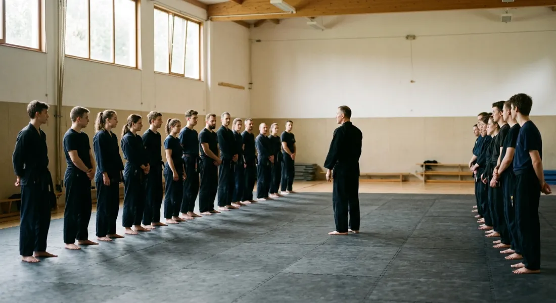 An adult class lined up in two rows on the mats at the end of a session