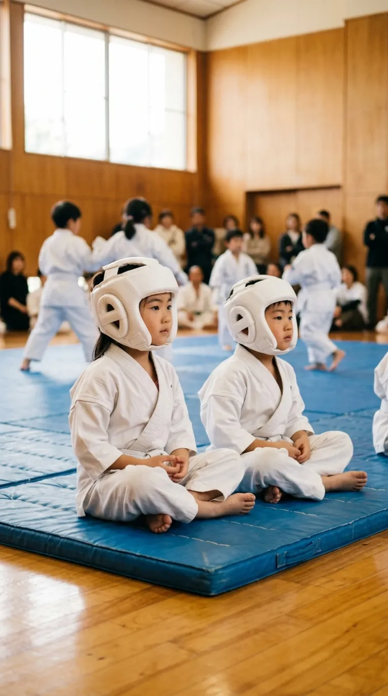Two children in white uniforms with head guards sitting on a mat waiting their turn