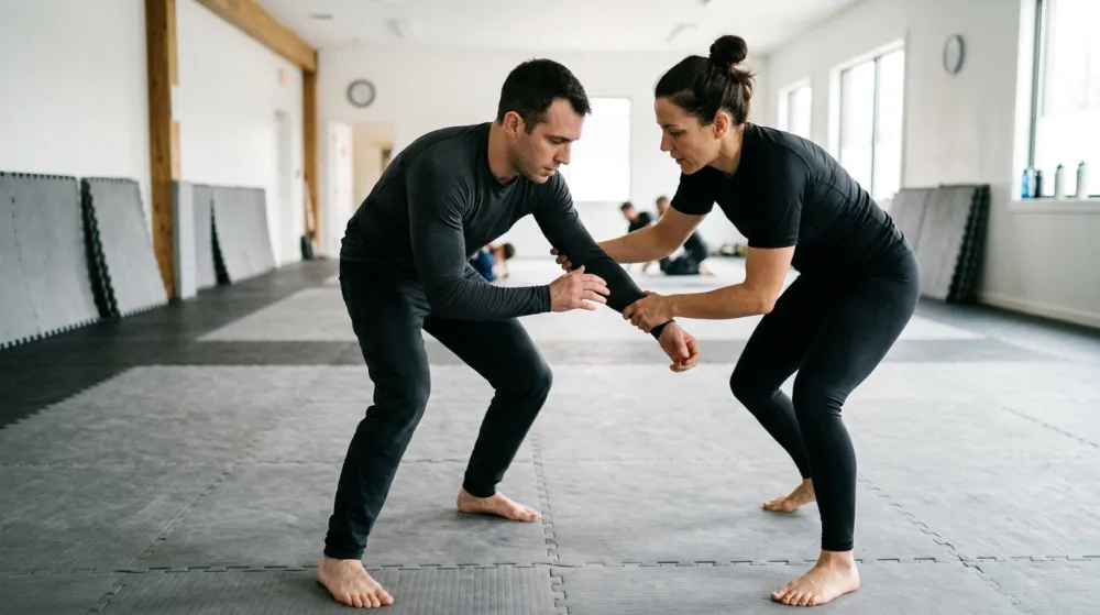A coach guiding an adult beginner through a slow controlled technique on gray mats