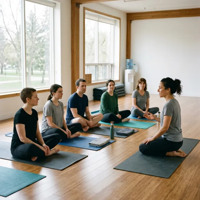 A small group of adult beginners sitting on mats listening to a coach