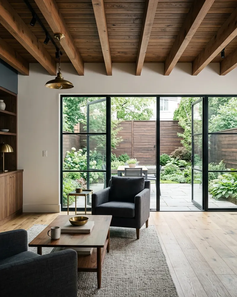 An addition interior with an exposed beam ceiling and glass doors