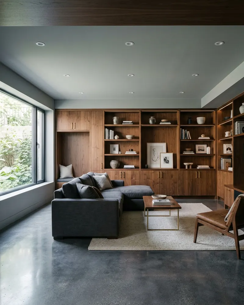 A finished lower level with polished concrete floors and built-in shelving
